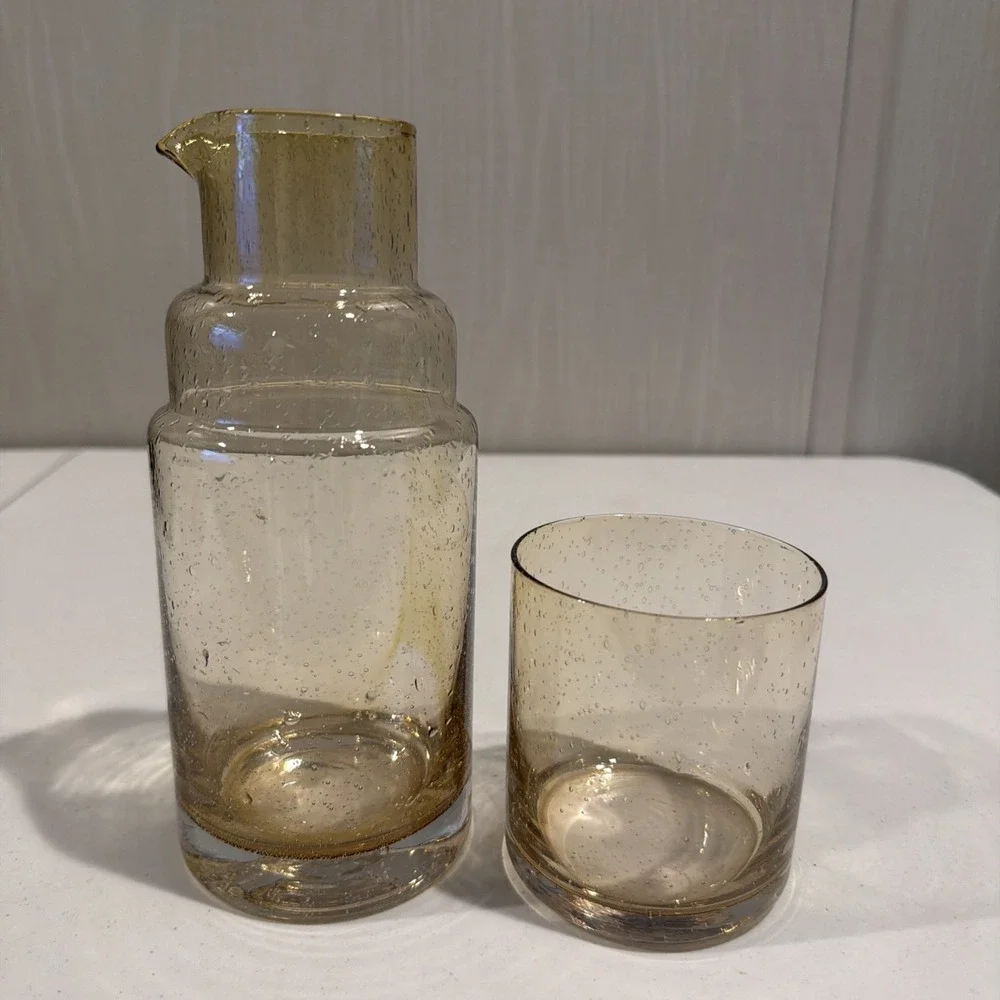 VTG MCM Amber Mouth‎ Blown Bubble Glass Decanter Tumbler Bedside Carafe 8.5